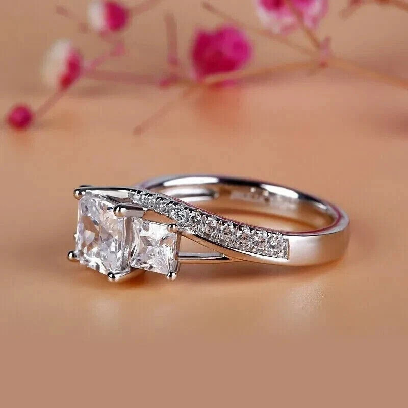 1.50 Ct Princess Cut Simulated Diamond Elegant Ring 14k White Gold Plated Silver