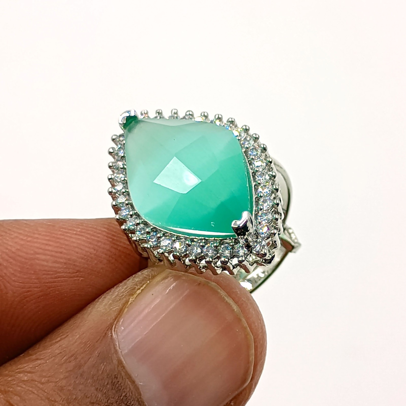 Aqua Chalcedony Marquise Ring Adjustable White Plated Statement CZ Jewelry