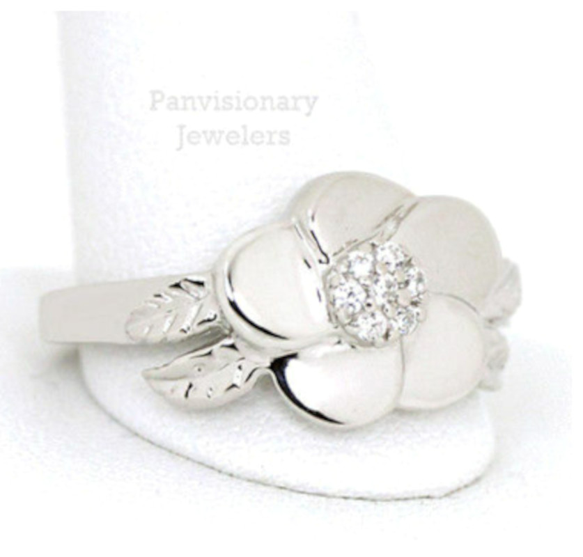 15mm Plumeria Flower Ring CZ White Gold Plated 925 Sterling 5 6 7 8 9 +1/2 sizes