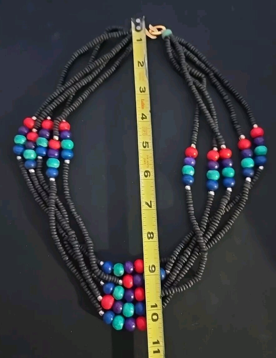 Beautiful Multicolor Tribal Beaded Necklace With Gold Tone Hook- Red Blue Green