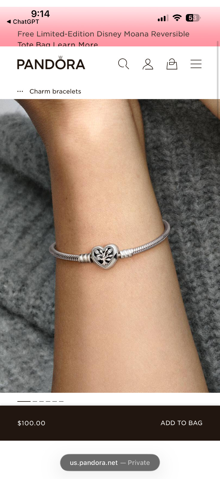 Pandora Moments Family Tree Heart Clasp Snake Chain Bracelet