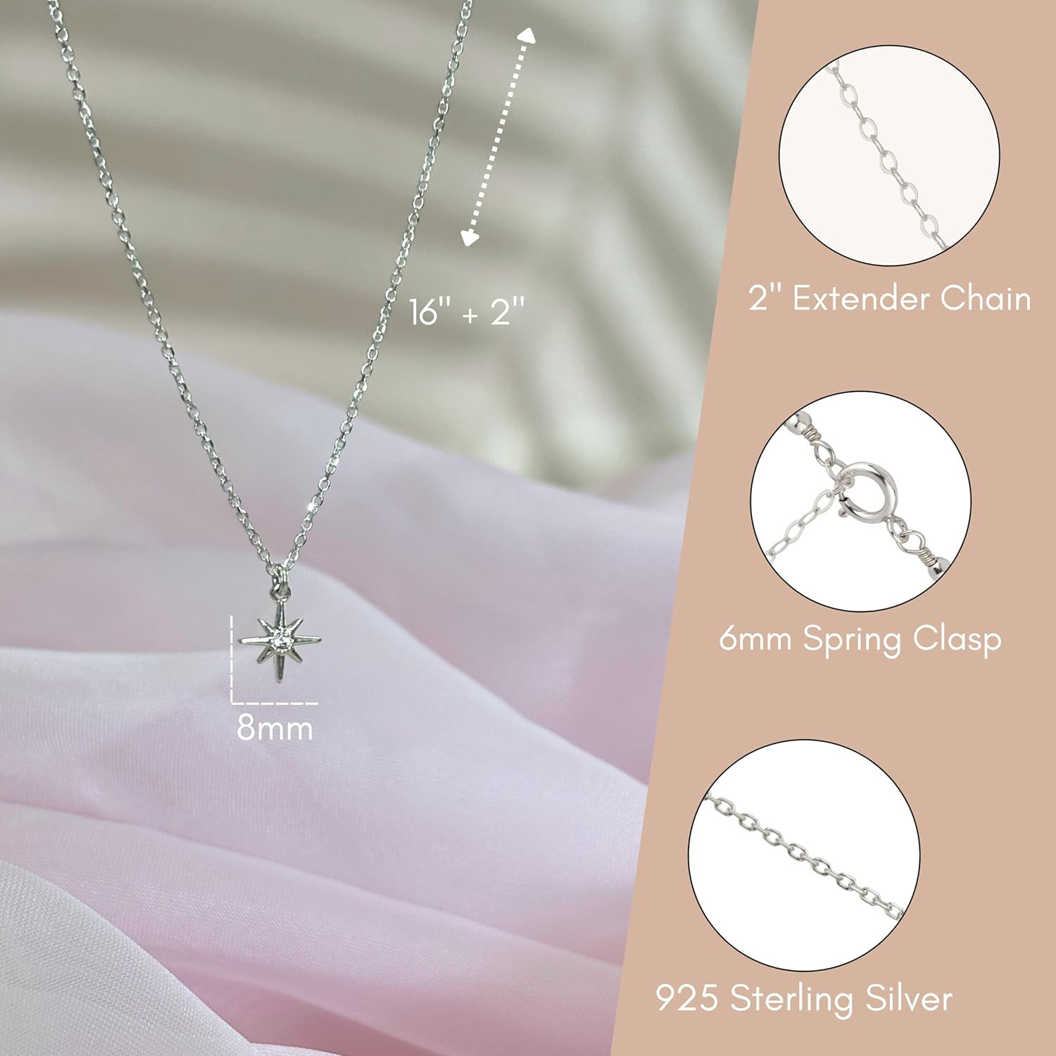Star Necklace, Tiny Cubic Zirconia North-Star Pendant, 925 Sterling Silver Chain