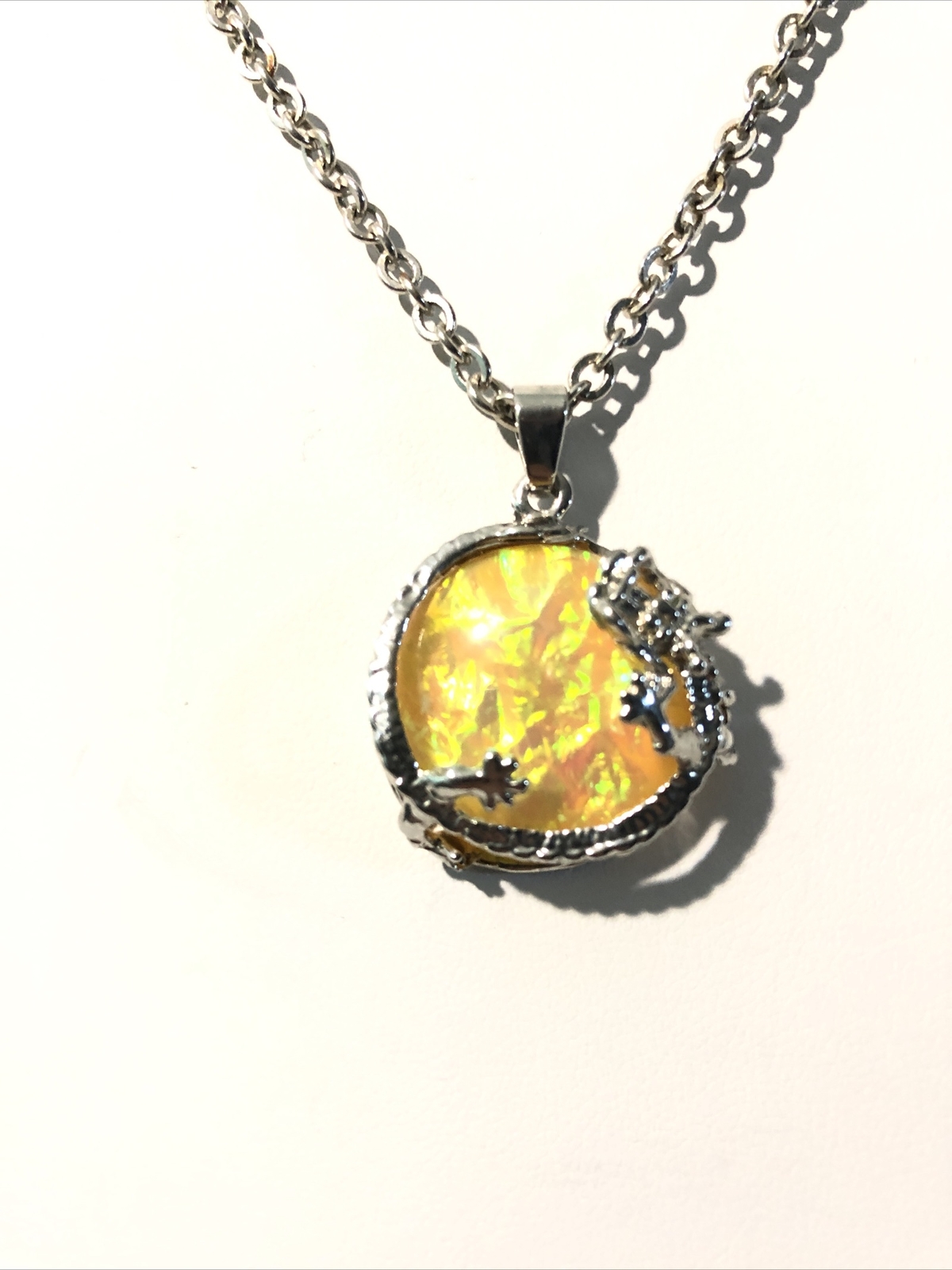 Dragon Pendant Necklace- 26” Silver Tone Chain W/ Yellow Stone & Dragon Charm.