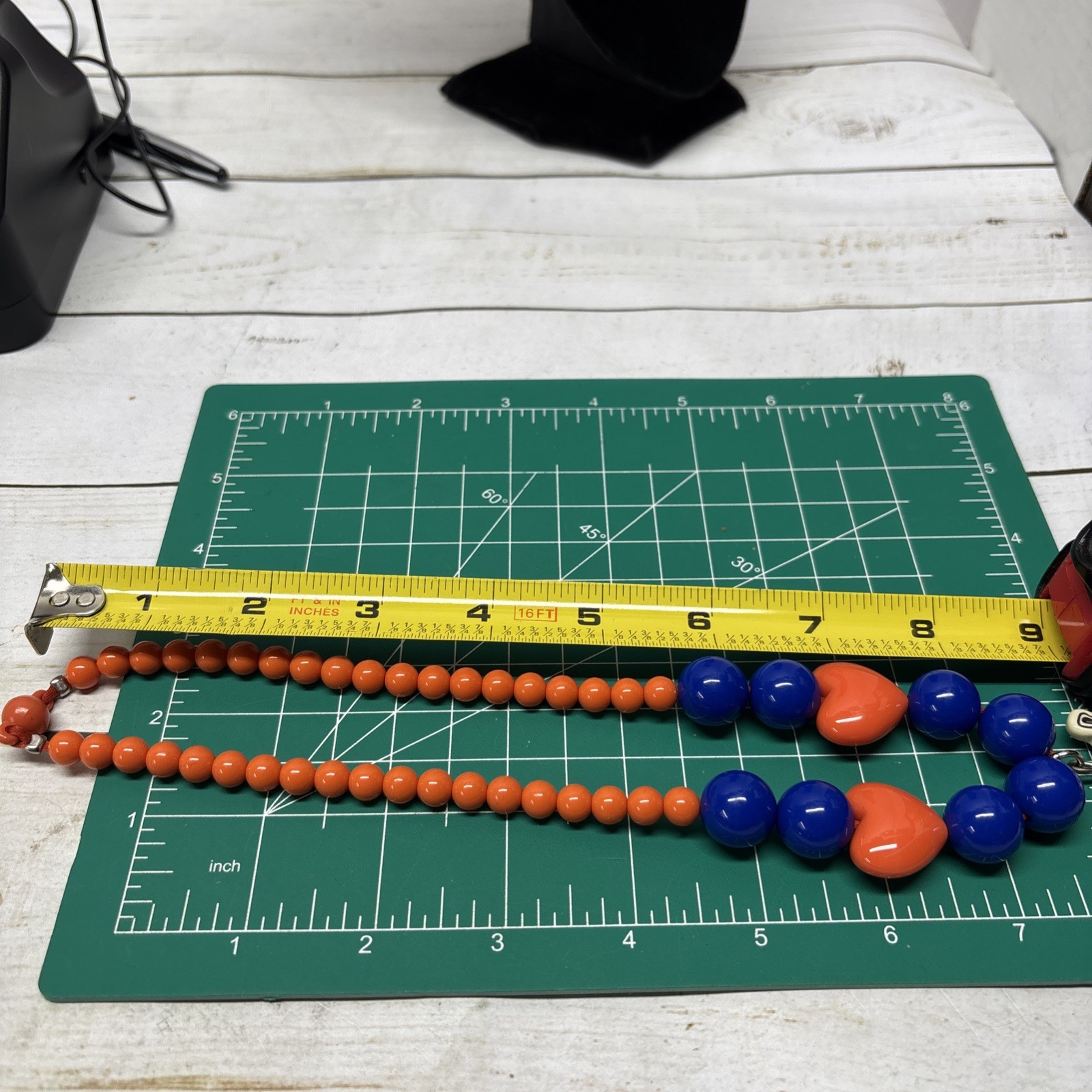Leopard Blue & orange Heart Beaded Acrylic Pendant Necklace 8.25” Drop