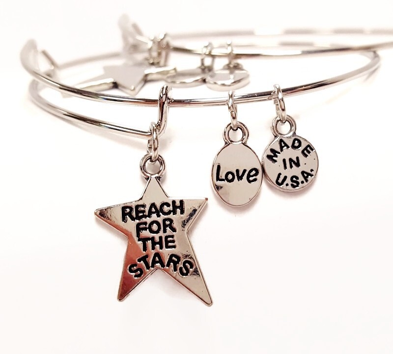 Reach For The Stars & Love Charms Silver Plate Adjust Wire Bangle Bracelet V252