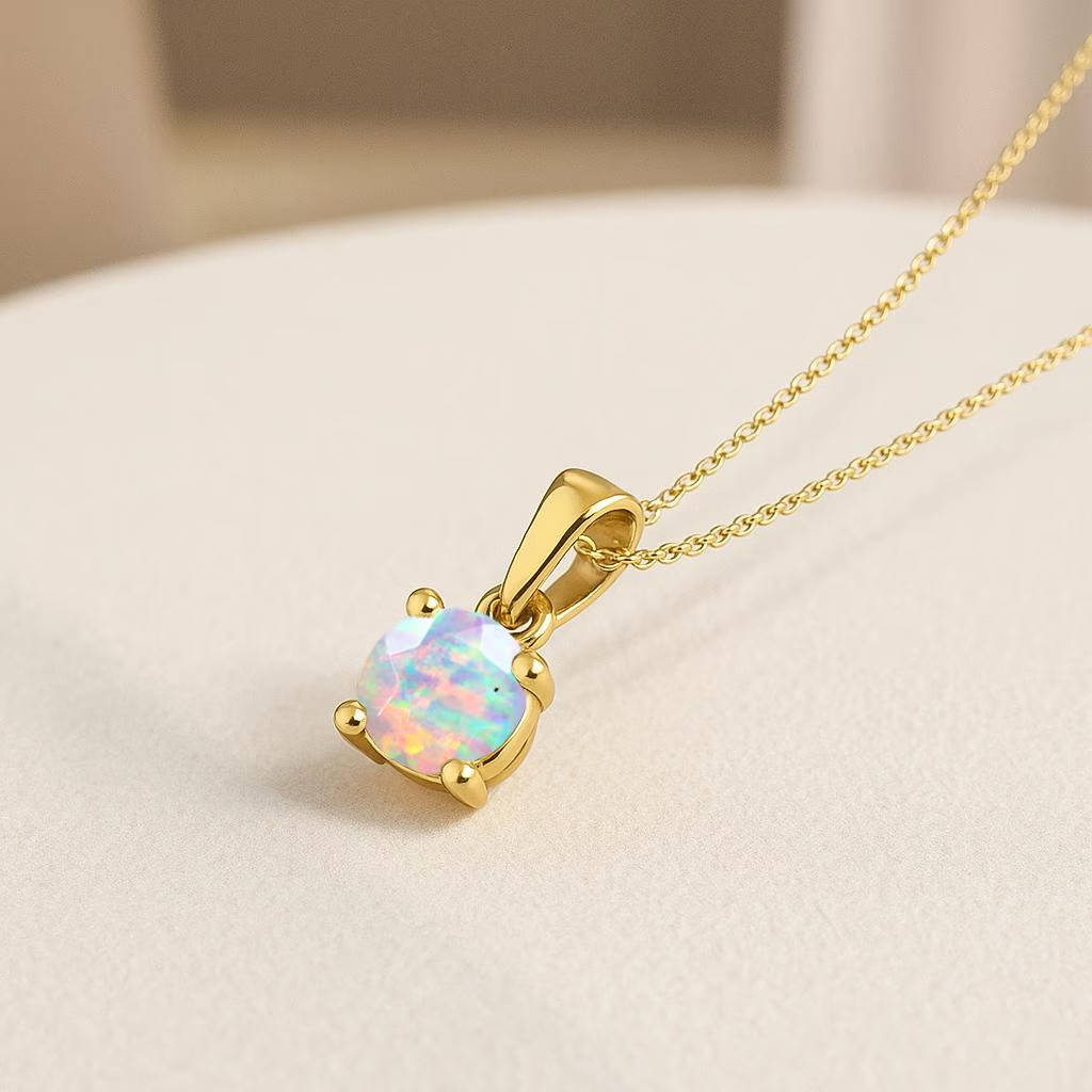 Fire White Opal Round Gemstone Pendant Necklace, Ethiopian Opal Gemstone Gold