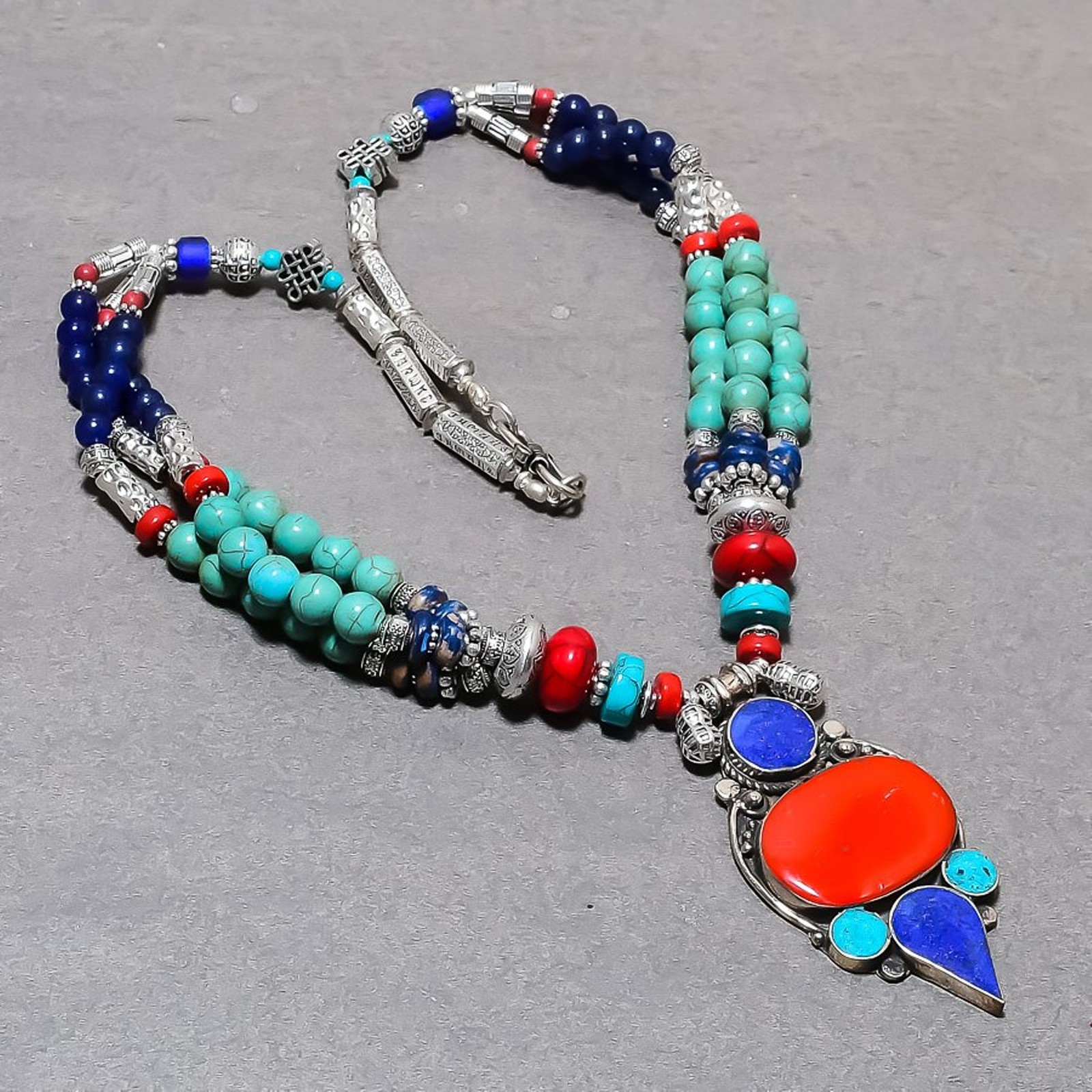 Coral Tibetan Turquoise Lapis lazuli Handmade Beaded Jewelry Necklace 18″ SR 847