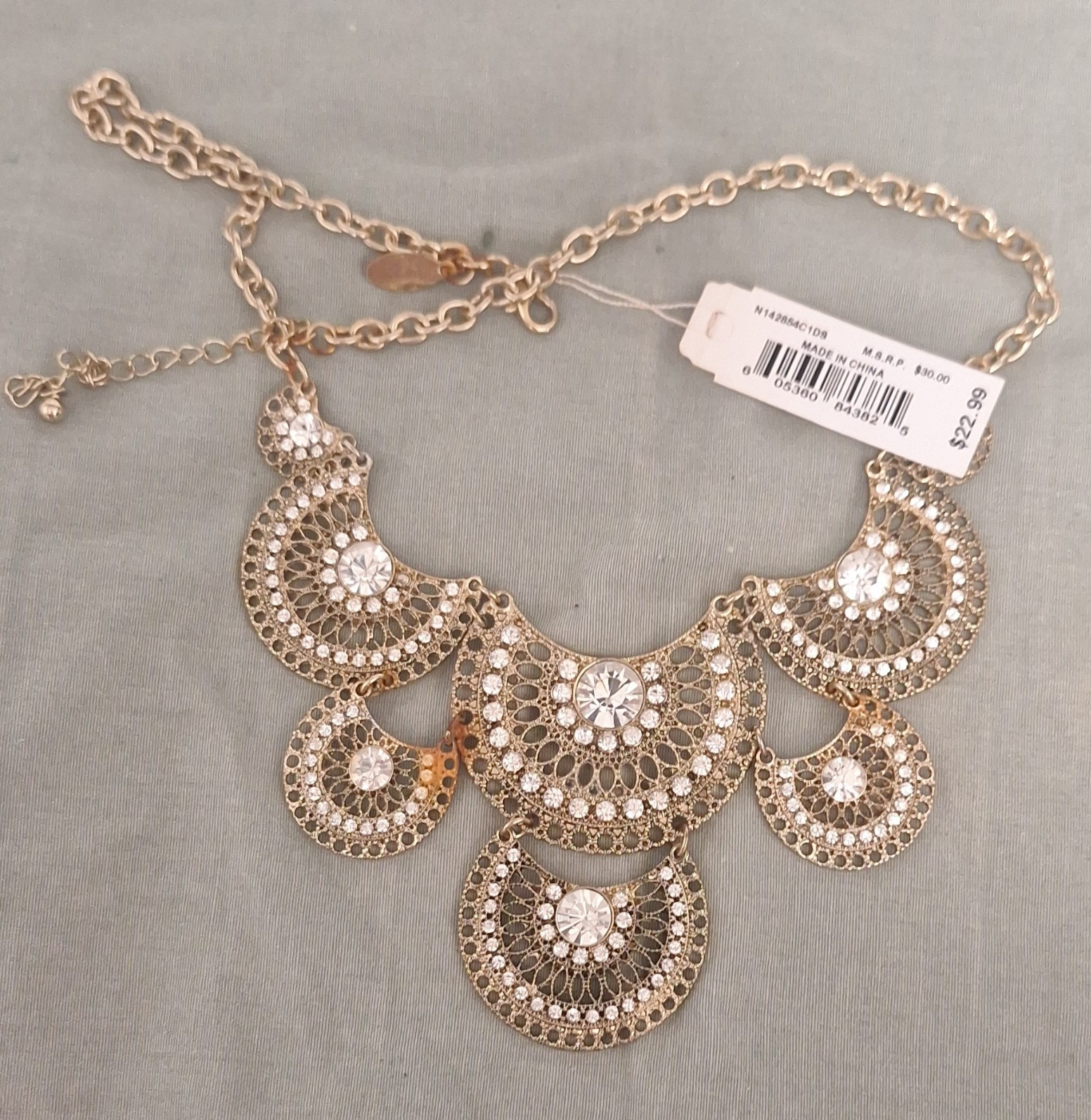 Gold Tone Statement Bib Necklace Clear Rhinestone Cluster Curb Link Adjustable