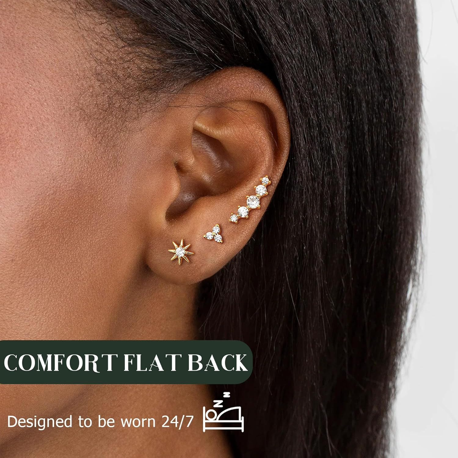 Dochais Flat Back Stud Earrings for Women and Men, Hypoallergenic 14K Gold Plate