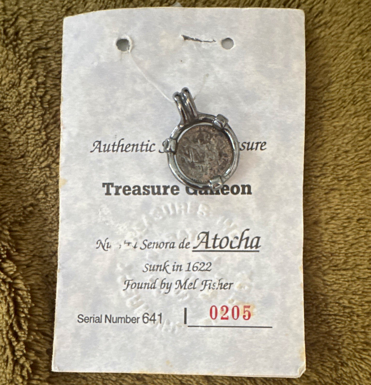 Treasure Salvors Atocha Shipwreck Silver Coin Pendant w/ COA Certificate