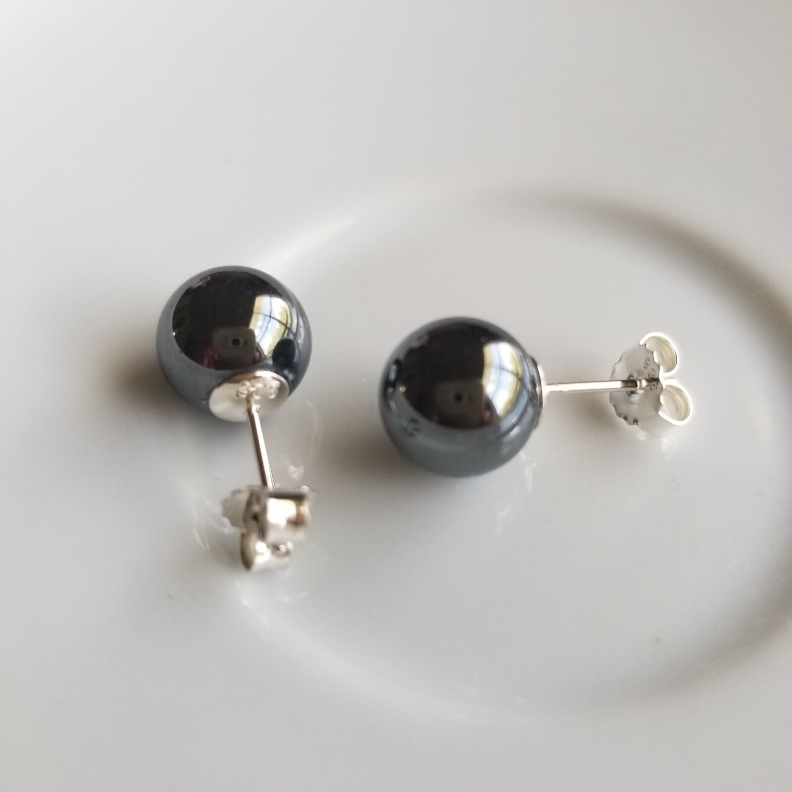 Energy Natural Hematite Stone 10mm Ball Stud Earrings Solid 925 Sterling Silver