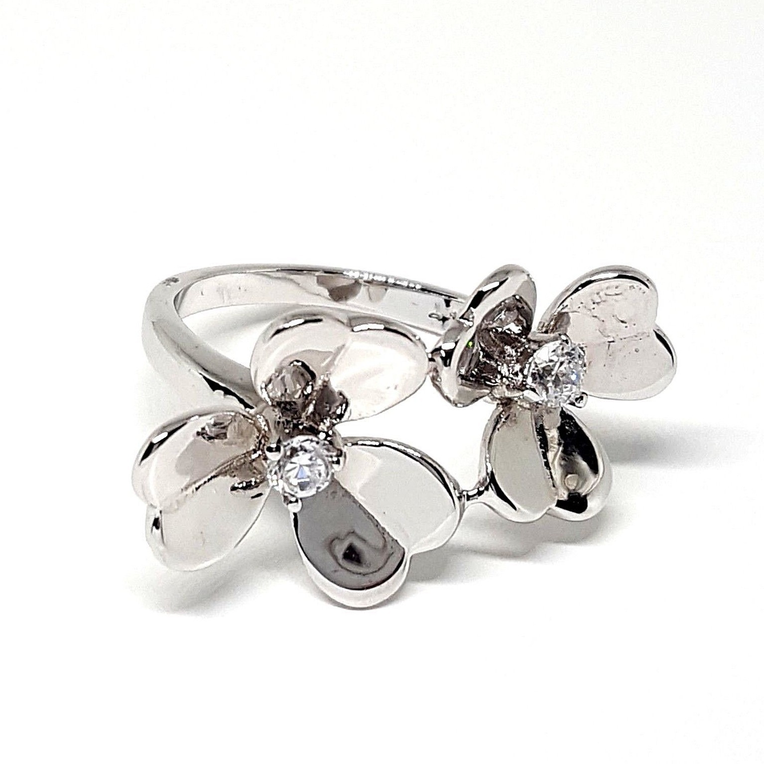 (SIZE 6,7,8) Reflective DOUBLE FLOWERS RING w/ CZ Stones .925 STERLING SILVER