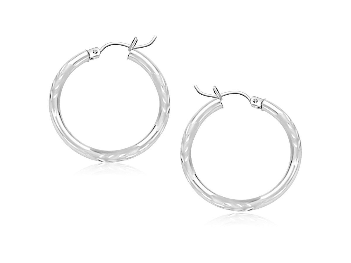 3mmX25mm 1″ Diamond Cut Round Tube Hoop Earrings Real 14K White Gold 1.80gr