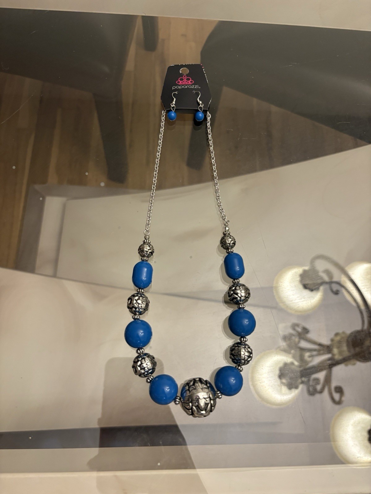 Paparazzi blue beaded silver tone cable chain necklace lobster clasp w/earrings