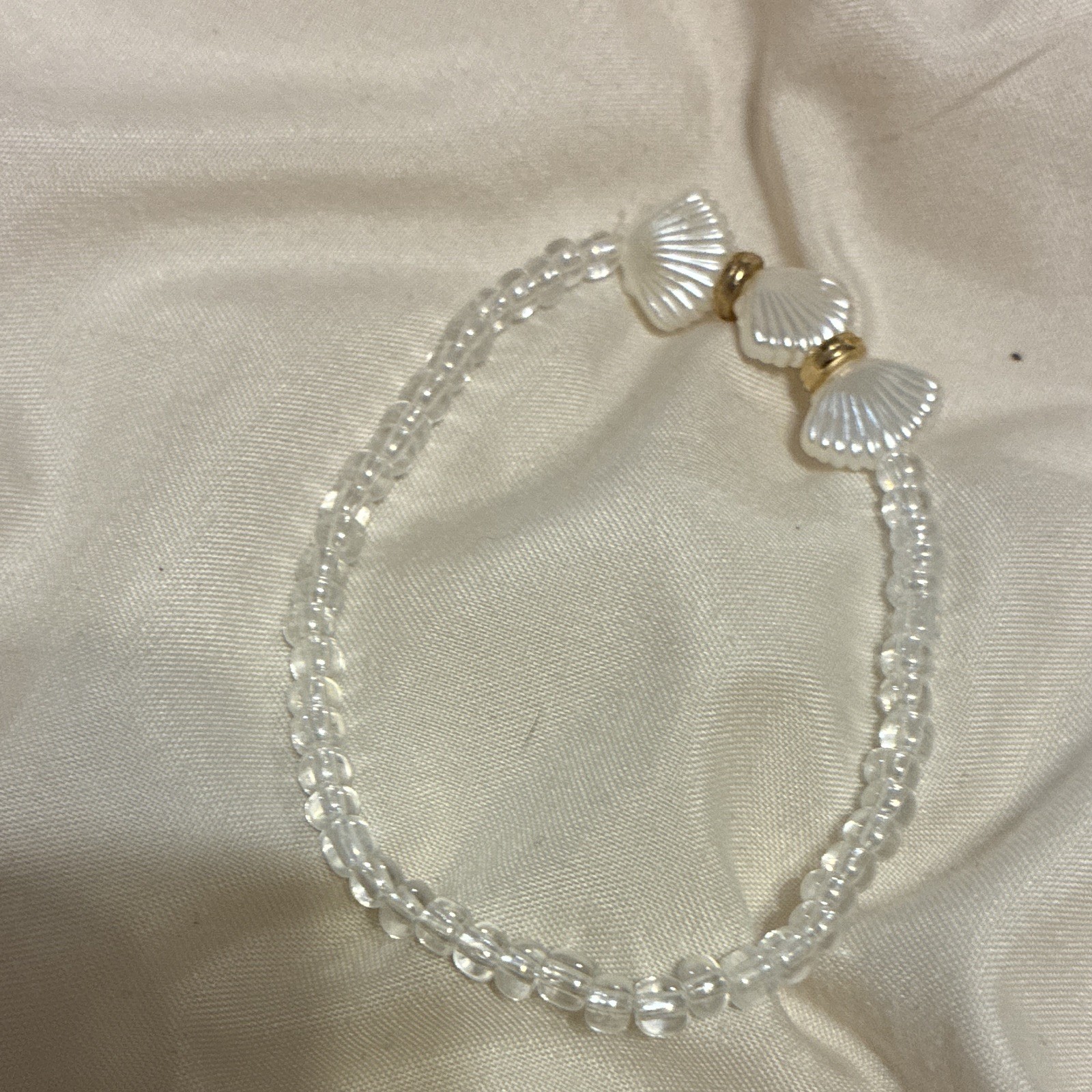 White Clear Gold seed beads, Beaded Charm Bracelet Shell Dangle Adjustable
