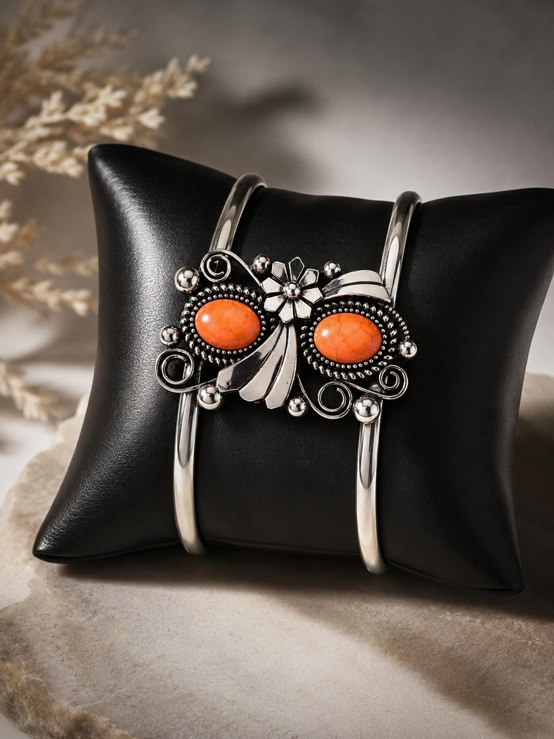 Silver Tone Open Cuff Bracelet Adjustable Butterfly w/ 2 Oval Orange Stones