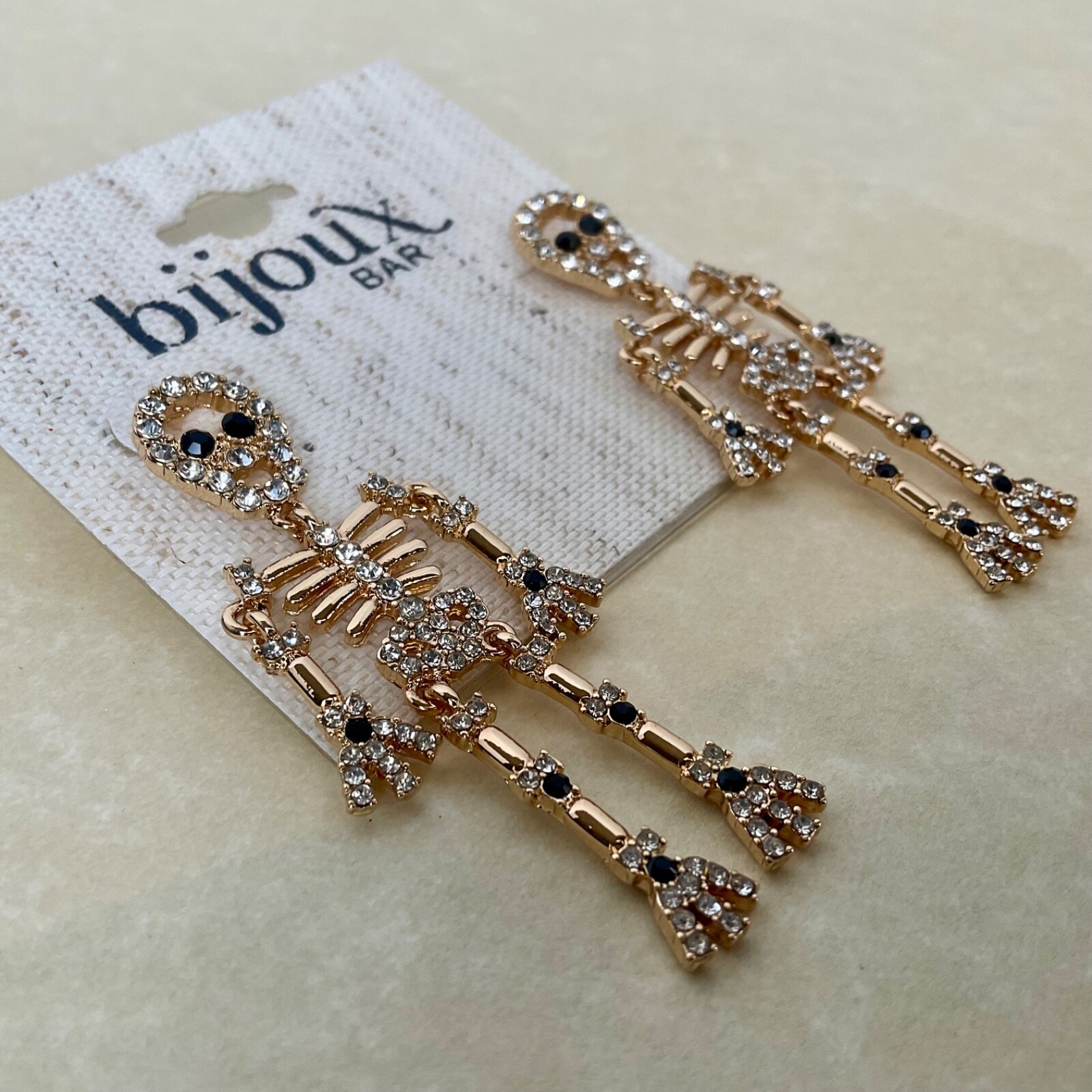 Skeleton Dangle Earrings Gold Tone Rhinestones Articulating Bijoux Bar