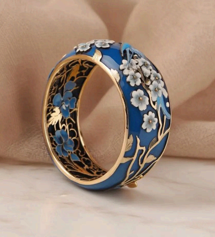 Champleve Enamel Flower Ring Stainless Steel Blue Bird