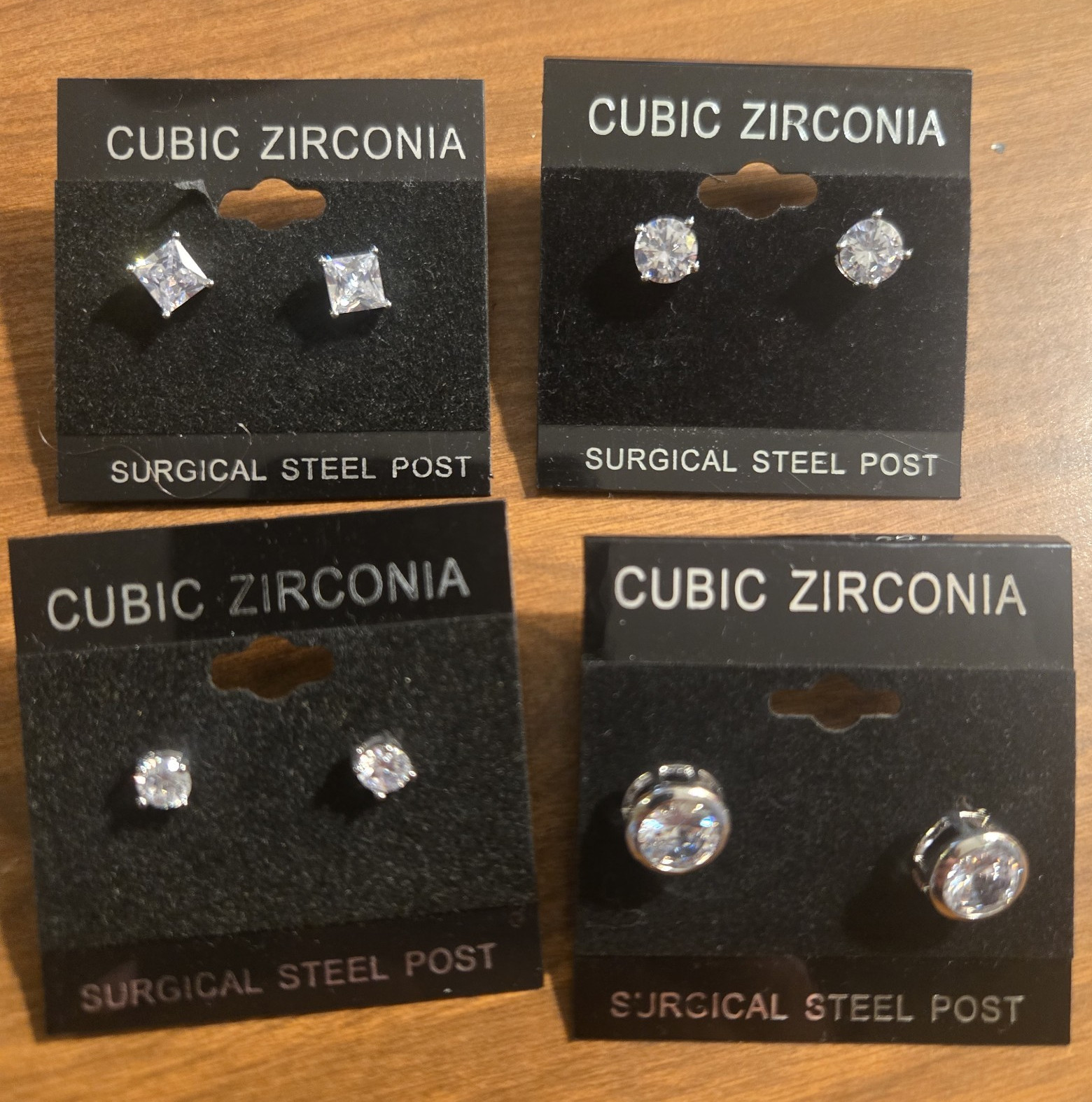 Cubic Zirconia Clear Stud Earrings Lot 4 Pairs Surgical Steel Posts