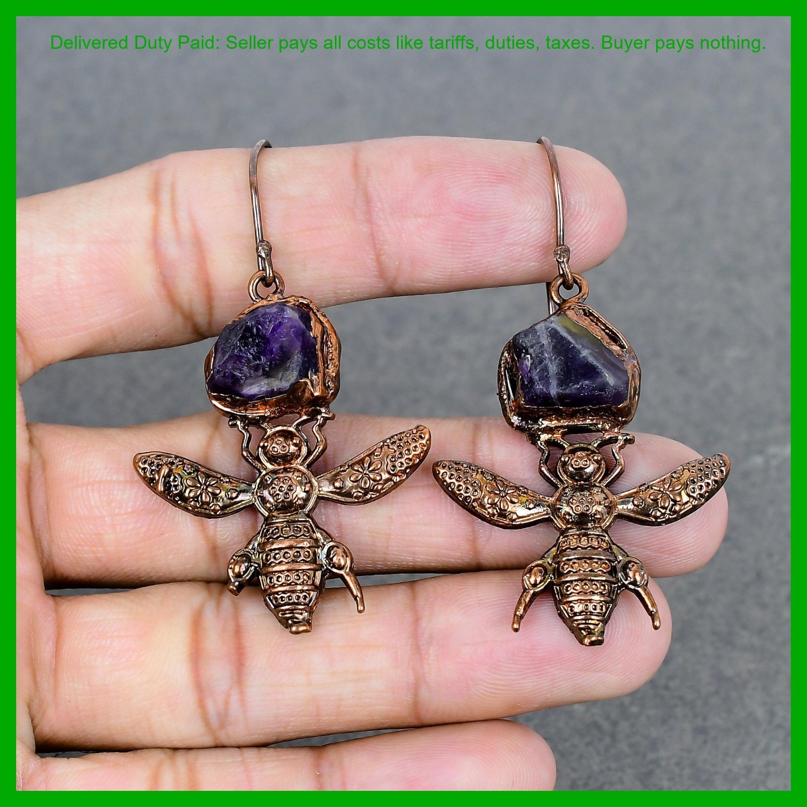 Pentagon African Amethyst Rough Gemstone Copper Mother Gift Boho Dangle Earrings