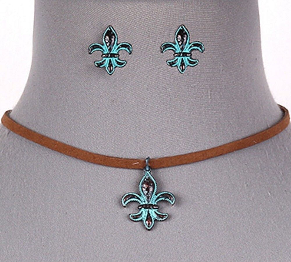 Fleur De Lis Pandant Necklace and Earring Set Patina Finish