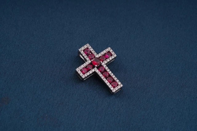 Round Cut Simulated Red Ruby Cross Shape Pendant Chain In 14k White Gold Plated