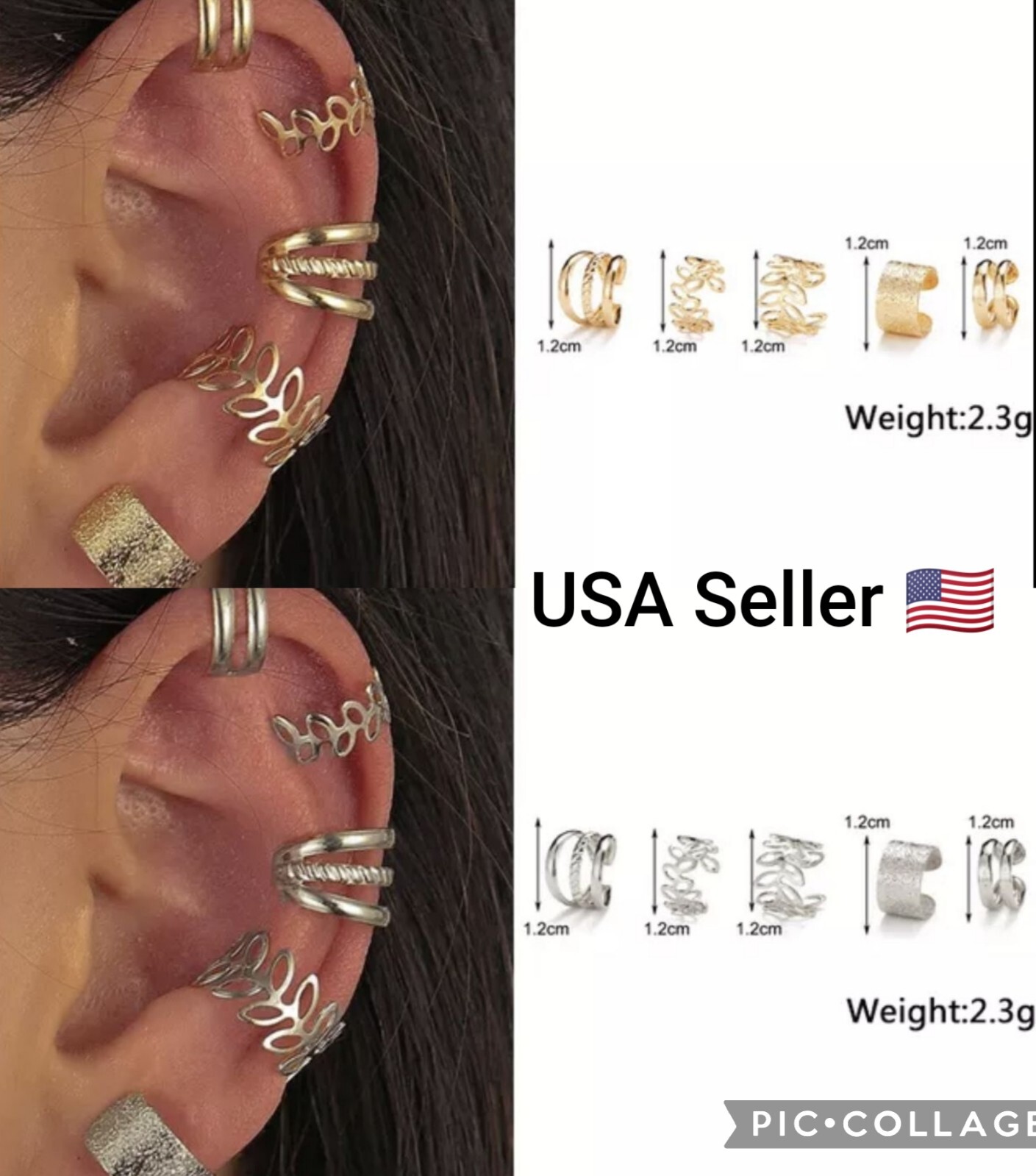 New 5pc Gold Silver Color Metal Ear Cuff Non-Piercing Ear Clips Earrings Jewelry