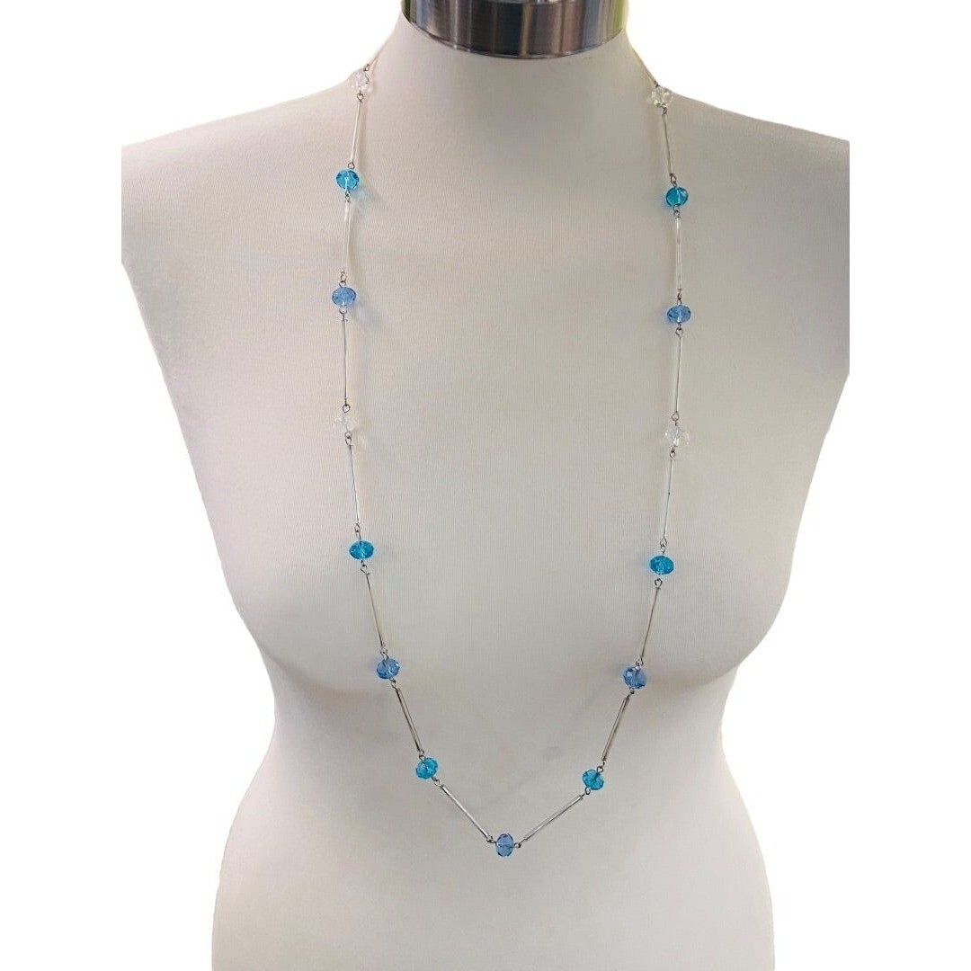 Silvertone Blue Aqua Beaded Overhead 36″ Strand String Necklace