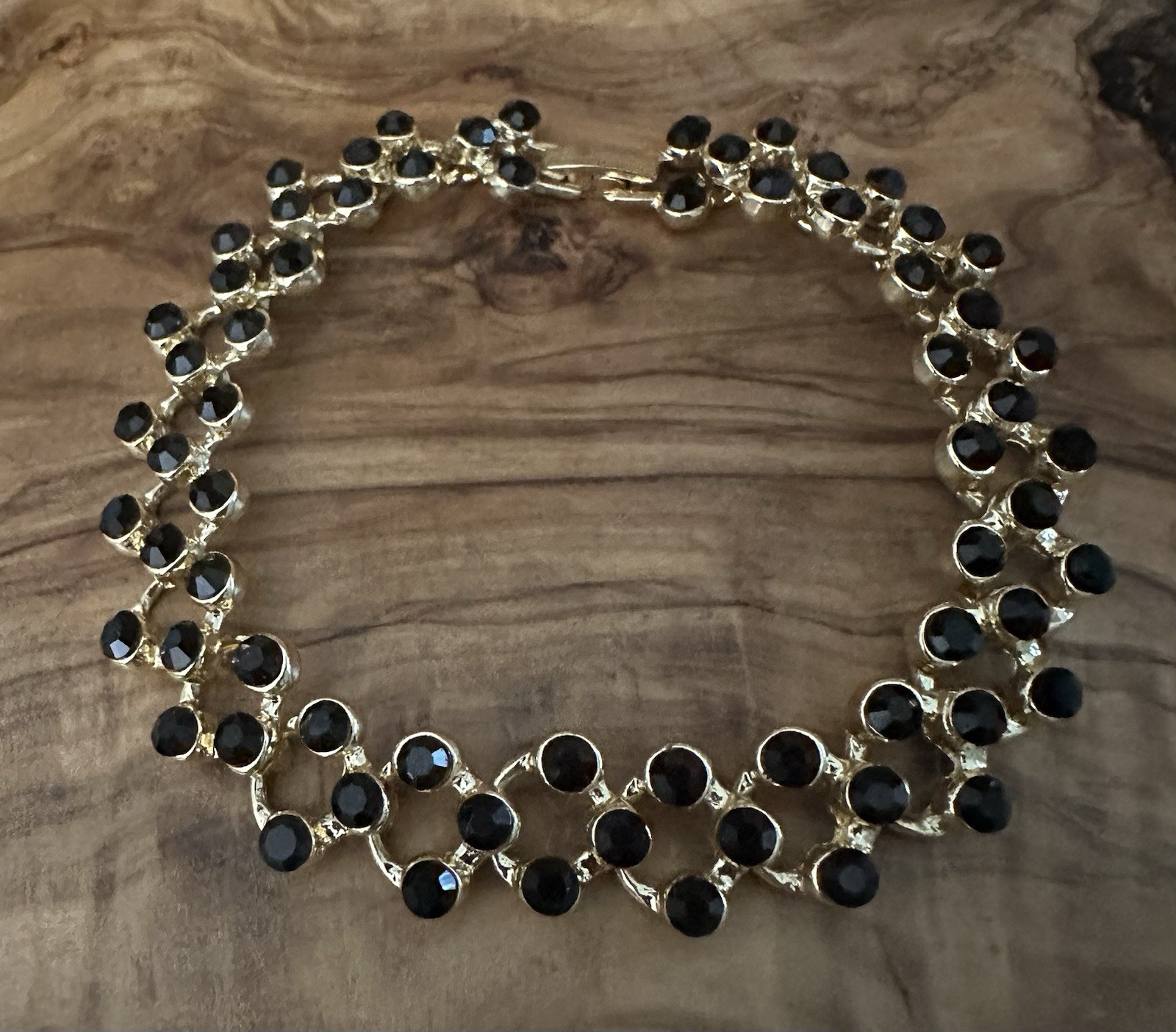Gold Tone 3 Row Black Faceted Tennis Bracelet 7.5” Push Lock