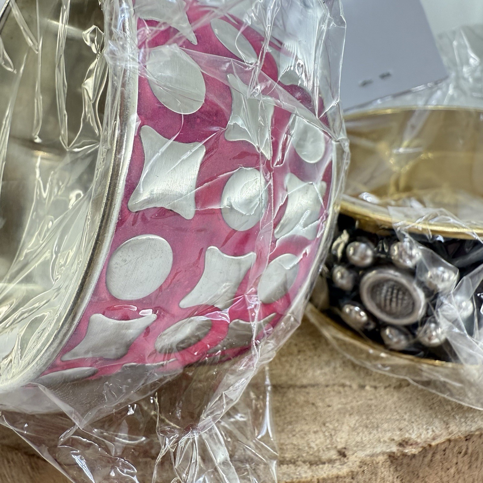Two NWT Antika Collection Wide Metal Bangles Pink Geometric & Black Studded