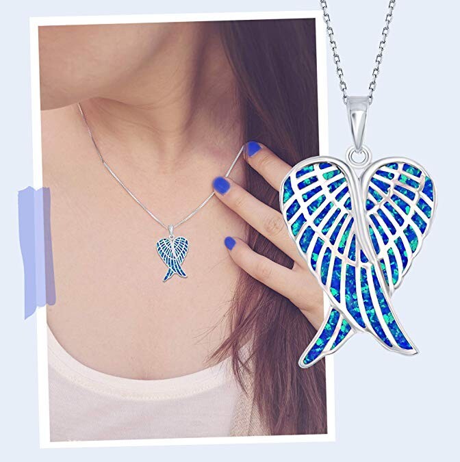 Hawaii Blue Fire Opal Angel Wings Necklace pendants Silver Filled For Women Girl