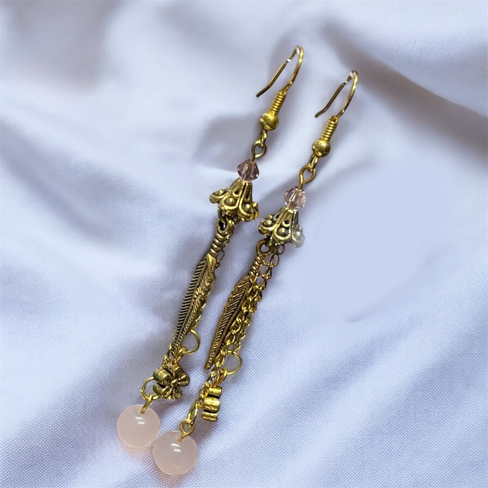 Rose Quartz with Charms Brass Color Earrings Handmade Dangle Jewelry