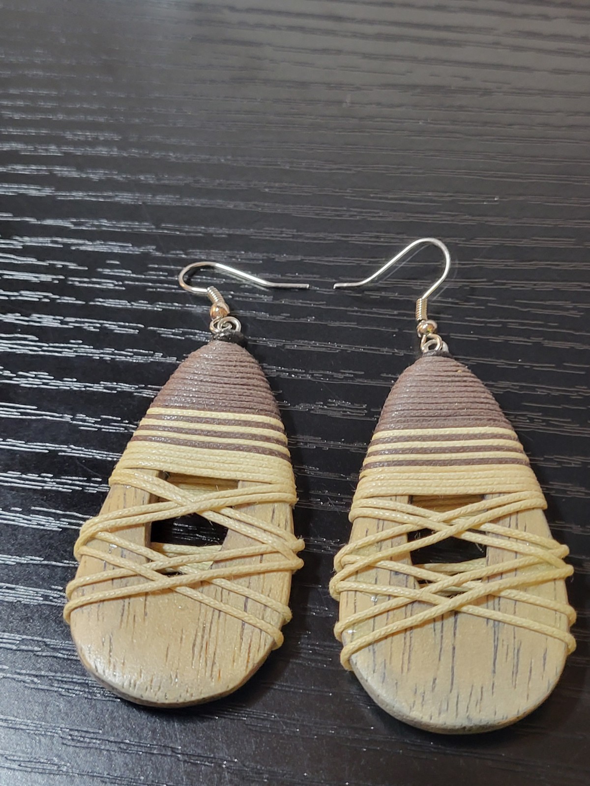 Tribal Tear Drop Dangle 3 inch Earrings Wood Wrap Brown Tan Women’s Jewelry Boho