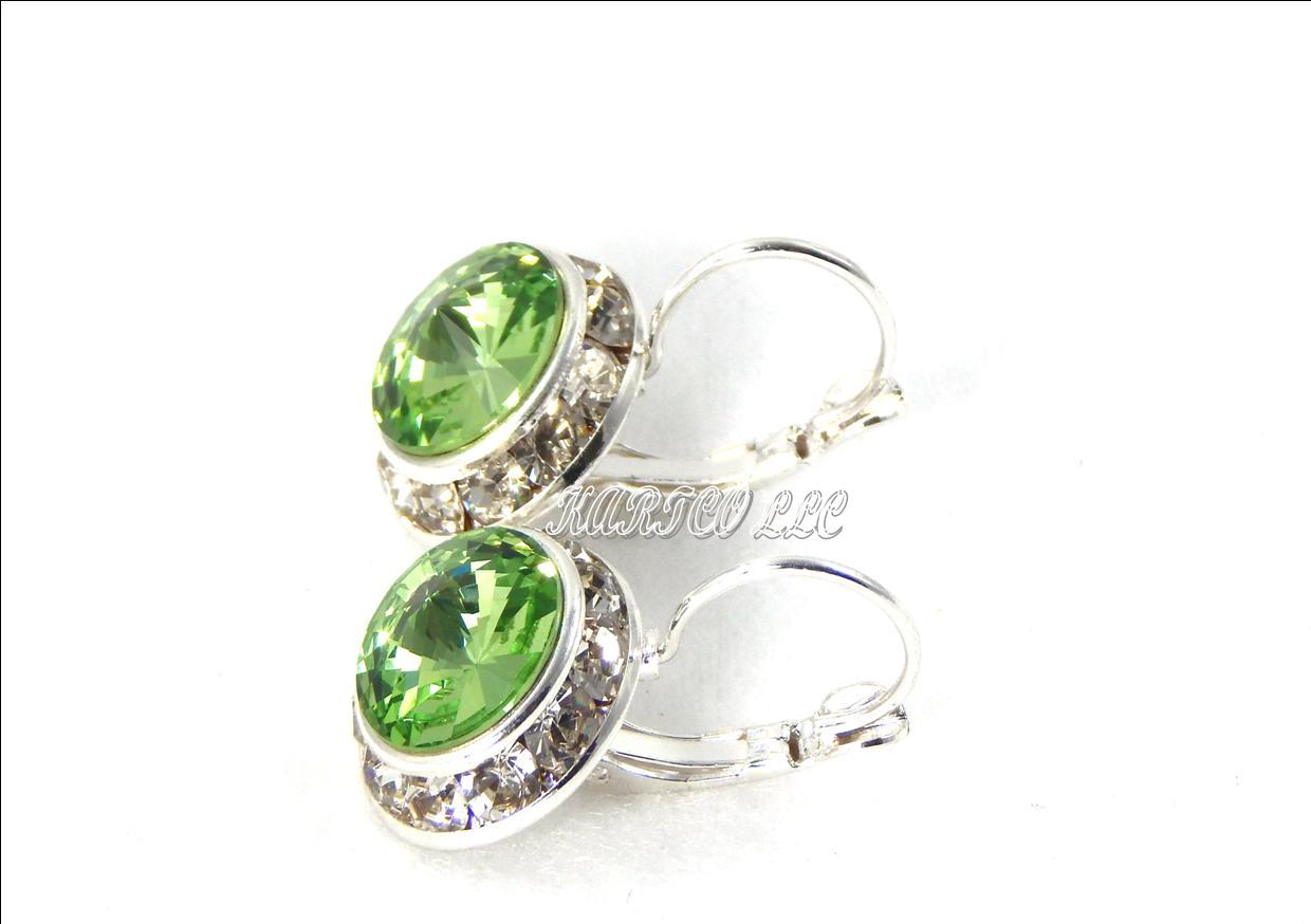 AUSTRIAN CRYSTAL ELEMENTS-10MM CRYSTAL PERIDOT GRN- SIL.PLT. LEVER-BACK EARRINGS