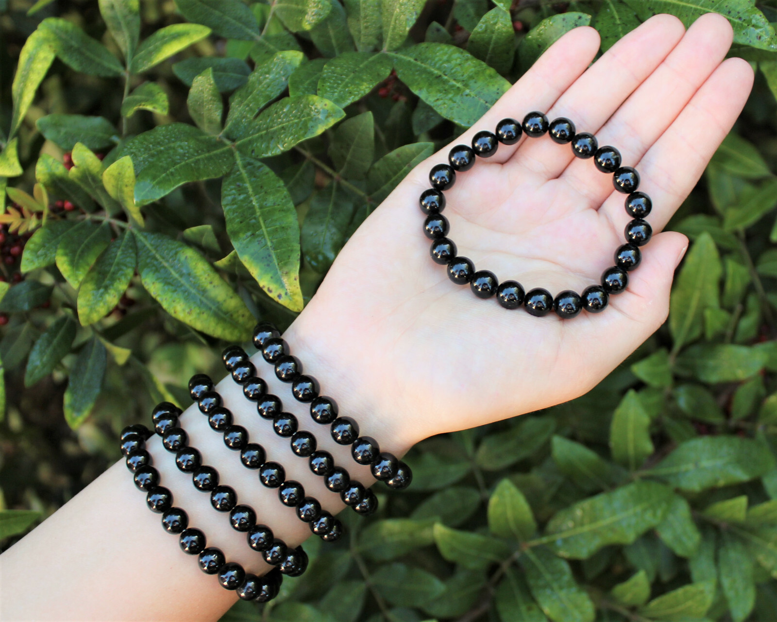 Black Tourmaline Bead Bracelet: 6 mm Round Crystals (Stretch Bracelet, Gift)