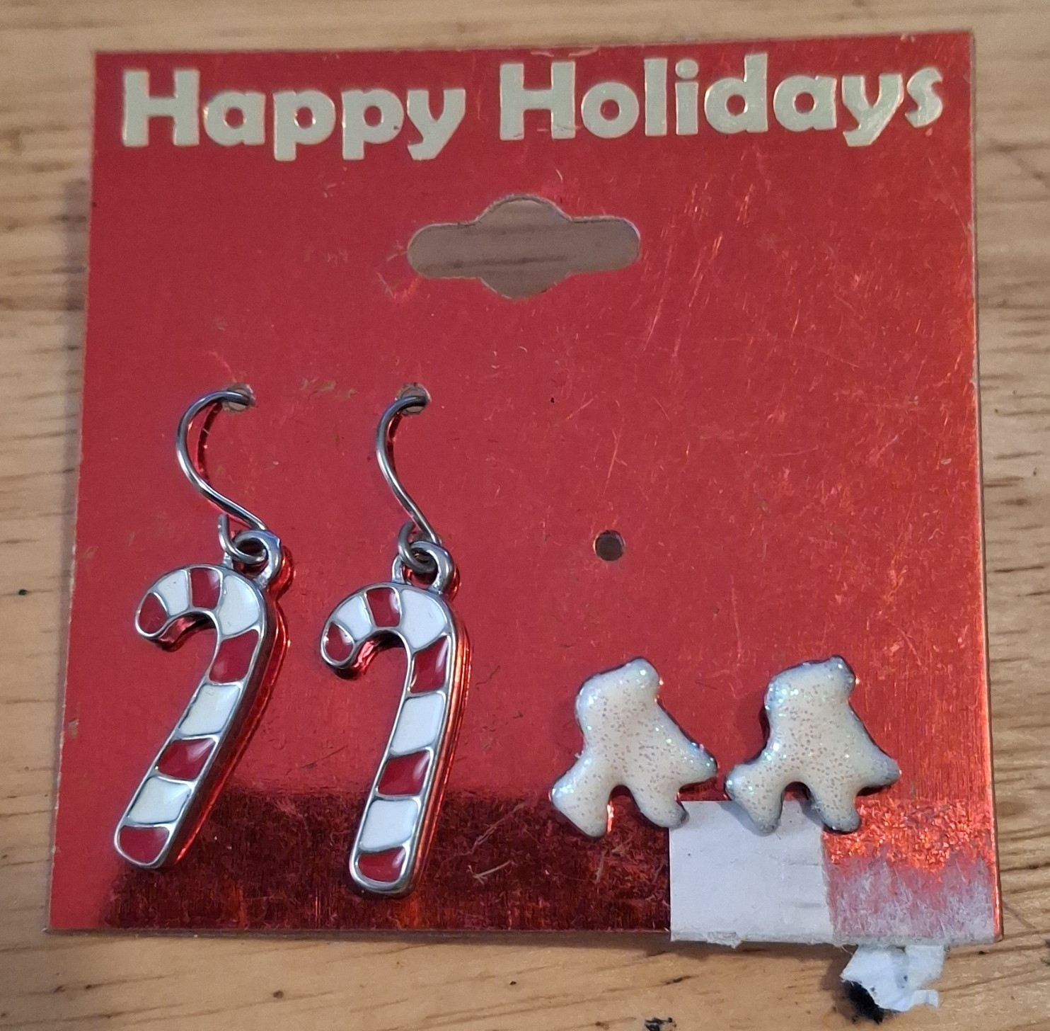 Christmas Red White Enamel Candy Cane Hook Dangle Earrings White Stud Set