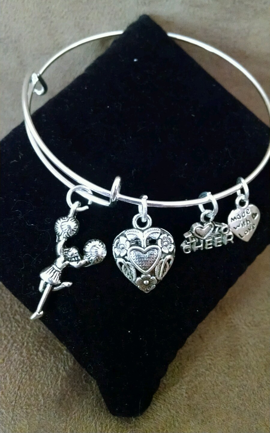 Expandable Silver Colored Bangle Charm Bracelet I LOVE CHEER SPORTS/CHEERLEADER