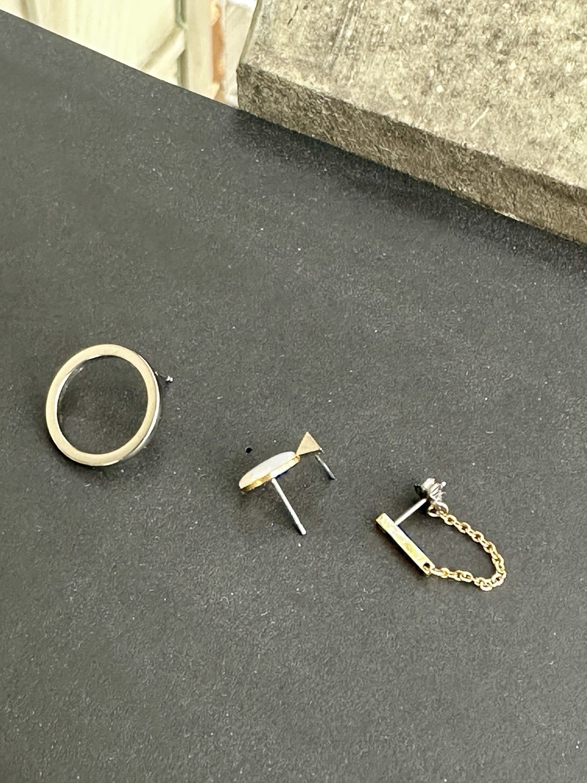 Lot of Tini Lux Single Earrings Opal, Circle, Triangle Stud, Silver Gold Chain