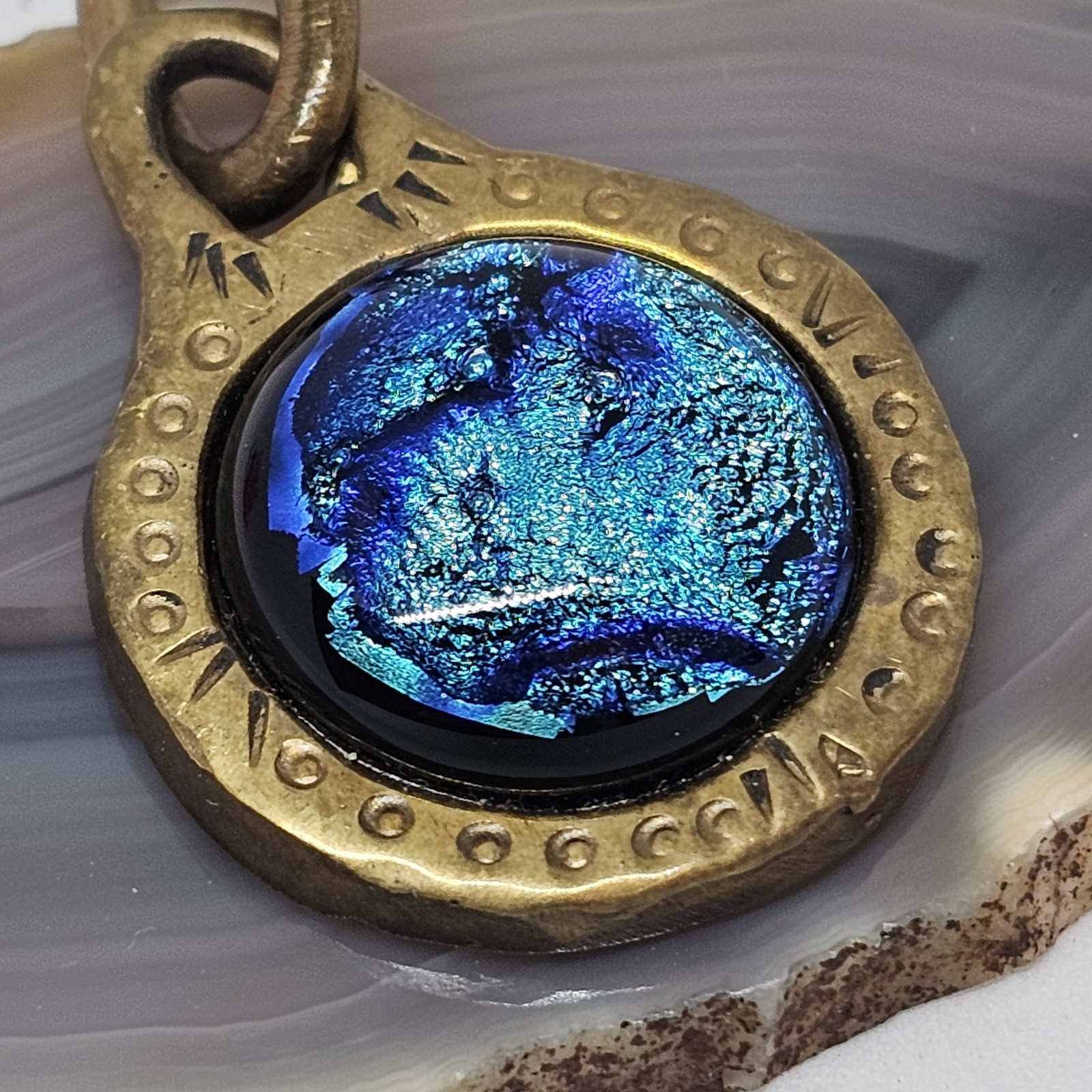 Dichroic Fused Glass Round Pendant Brass Blue Minimalist Statement Jewelry BJ