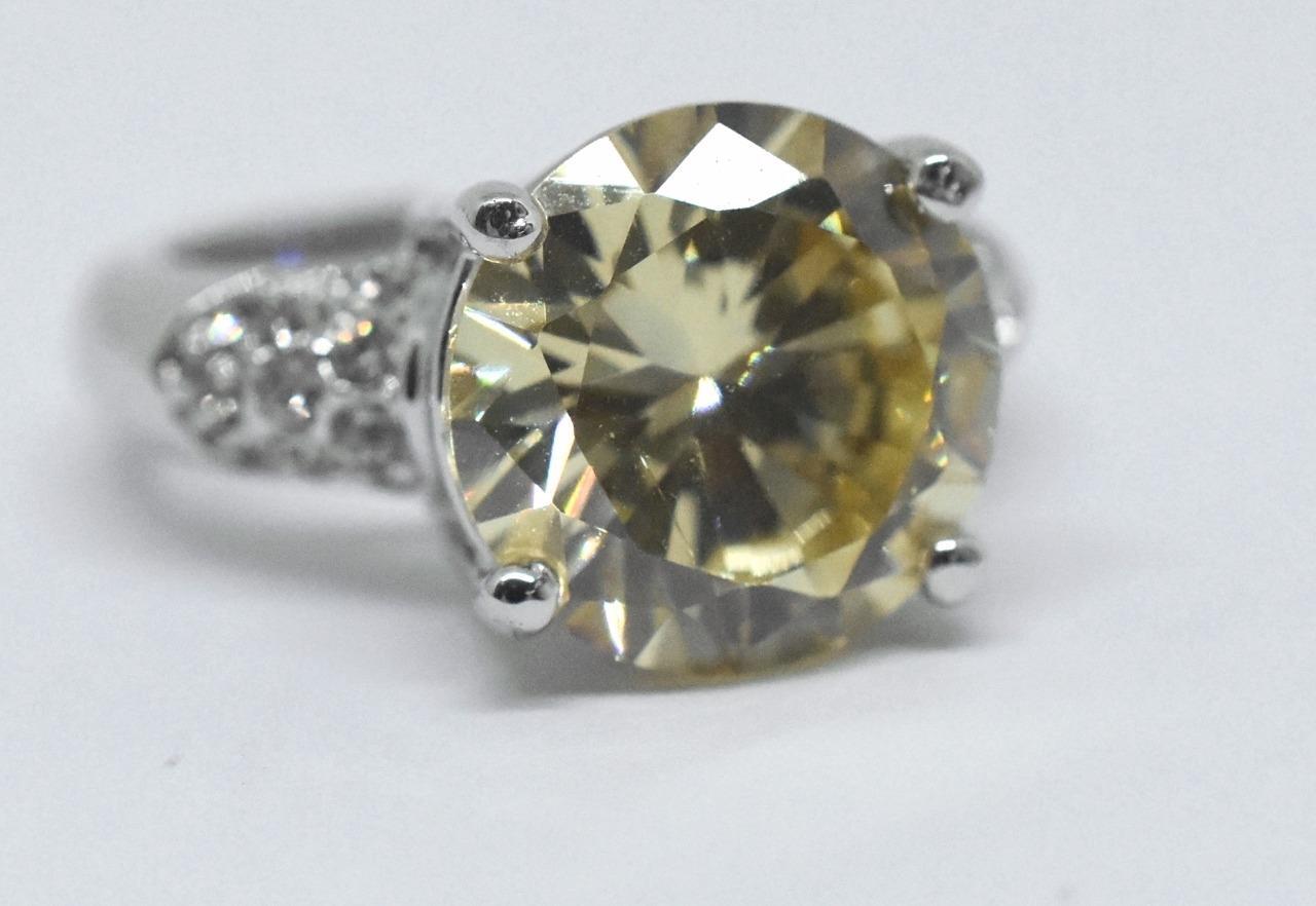 Ladies Designer Signed NWOT Yellow & Clear Crystal Stainless Steel Cocktail Ring
