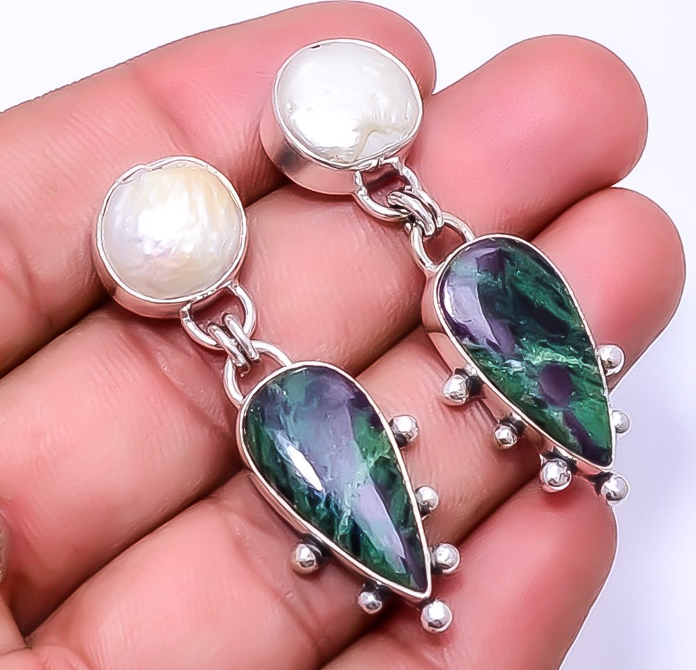 Ruby With Zoisite 925 Sterling Silver Earring 1.56″ E2775, Christmas Gift