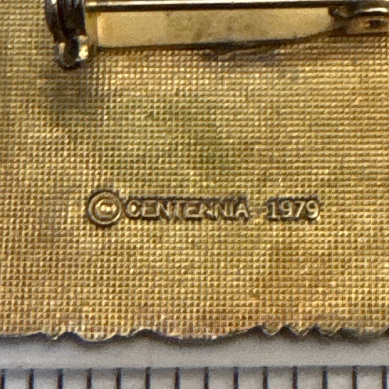 Signed Merry Christmas Rectangle Enamel Brooch Pin Gold Tone 2in Centennia 1979