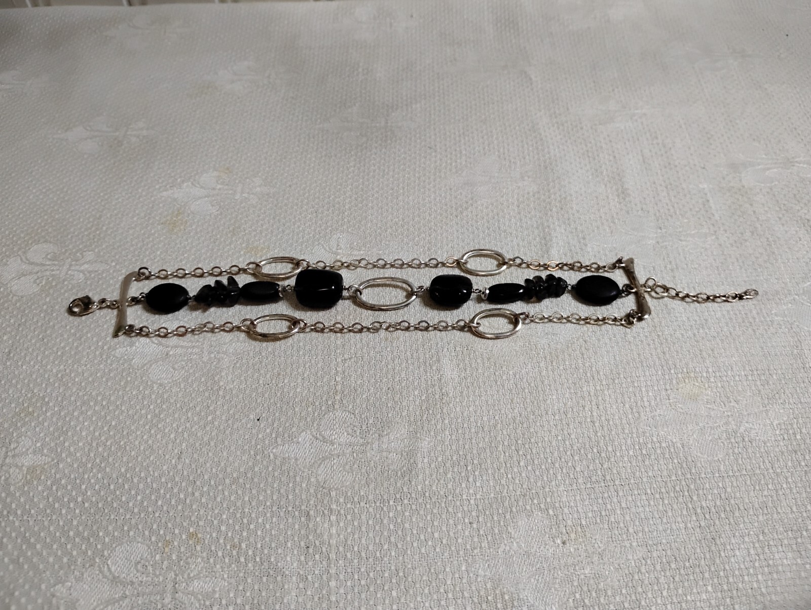 MWS Sri Lanka 925 Sterling Silver 3 Strand Black Glass Bead 8.5″ Bracelet