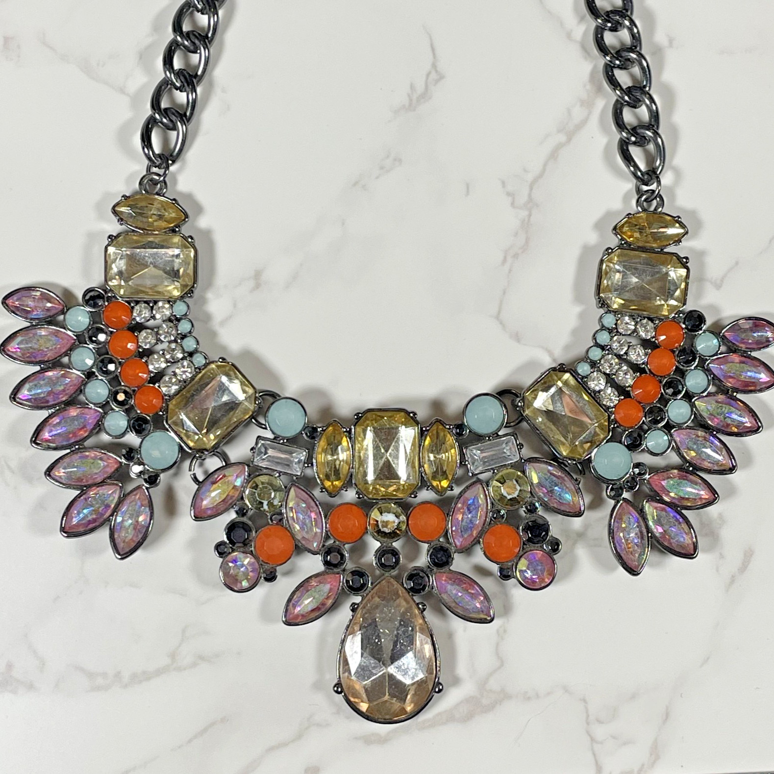 Multicolor Rhinestone Statement Bib Necklace Gunmetal Chain Iridescent Crystal