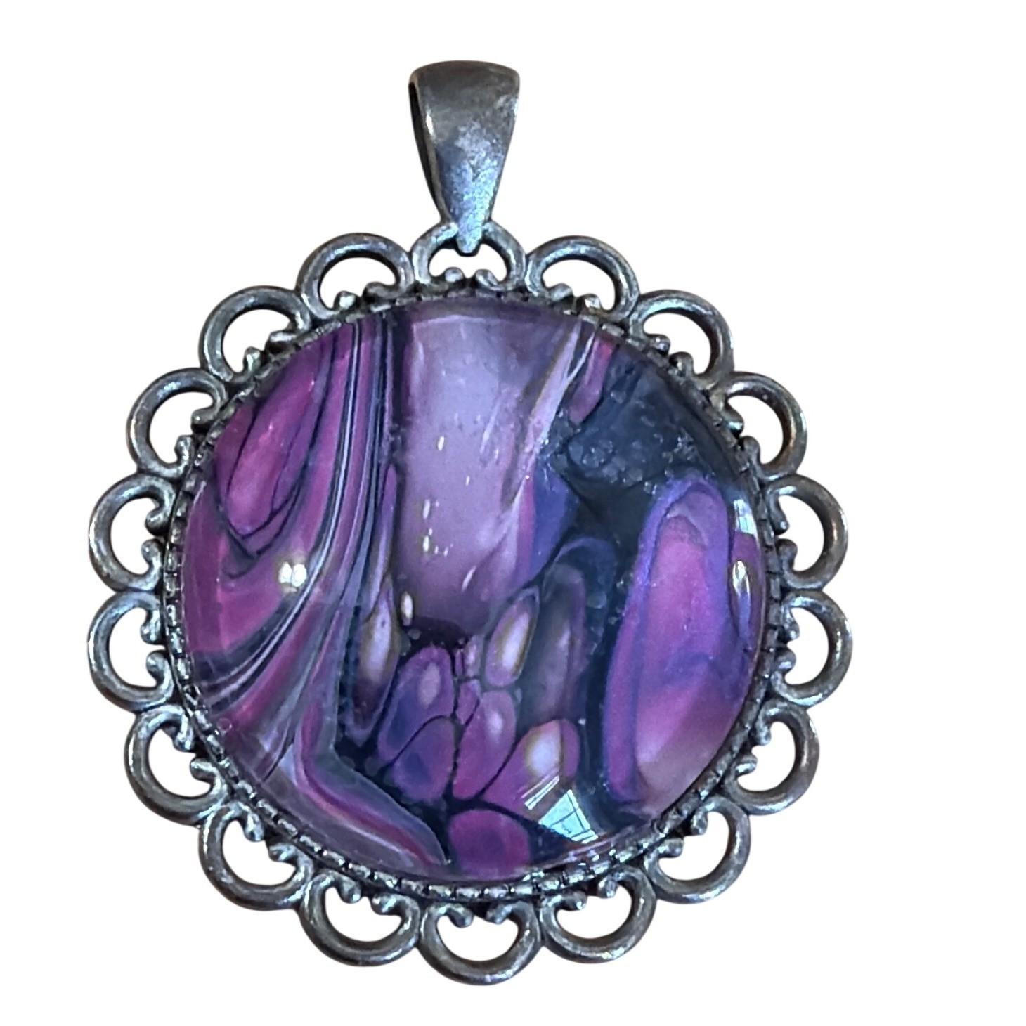 Purple Marbled Acrylic Pour Round Pendant Scalloped Silver Tone Ornate Frame