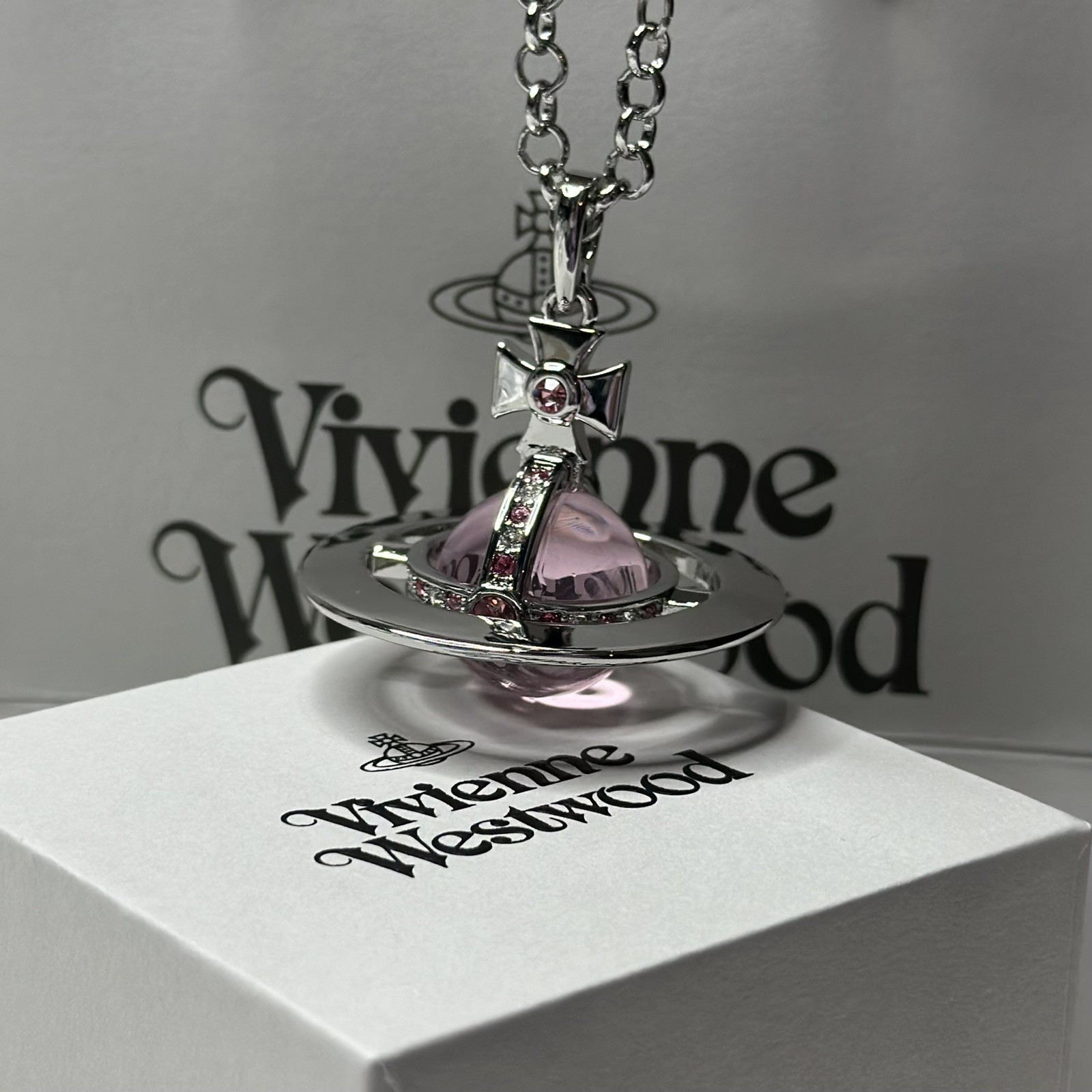 [Box+Pounch] Vivienne Westwood Silver plated 4.5cm Pink GIANT orb necklace