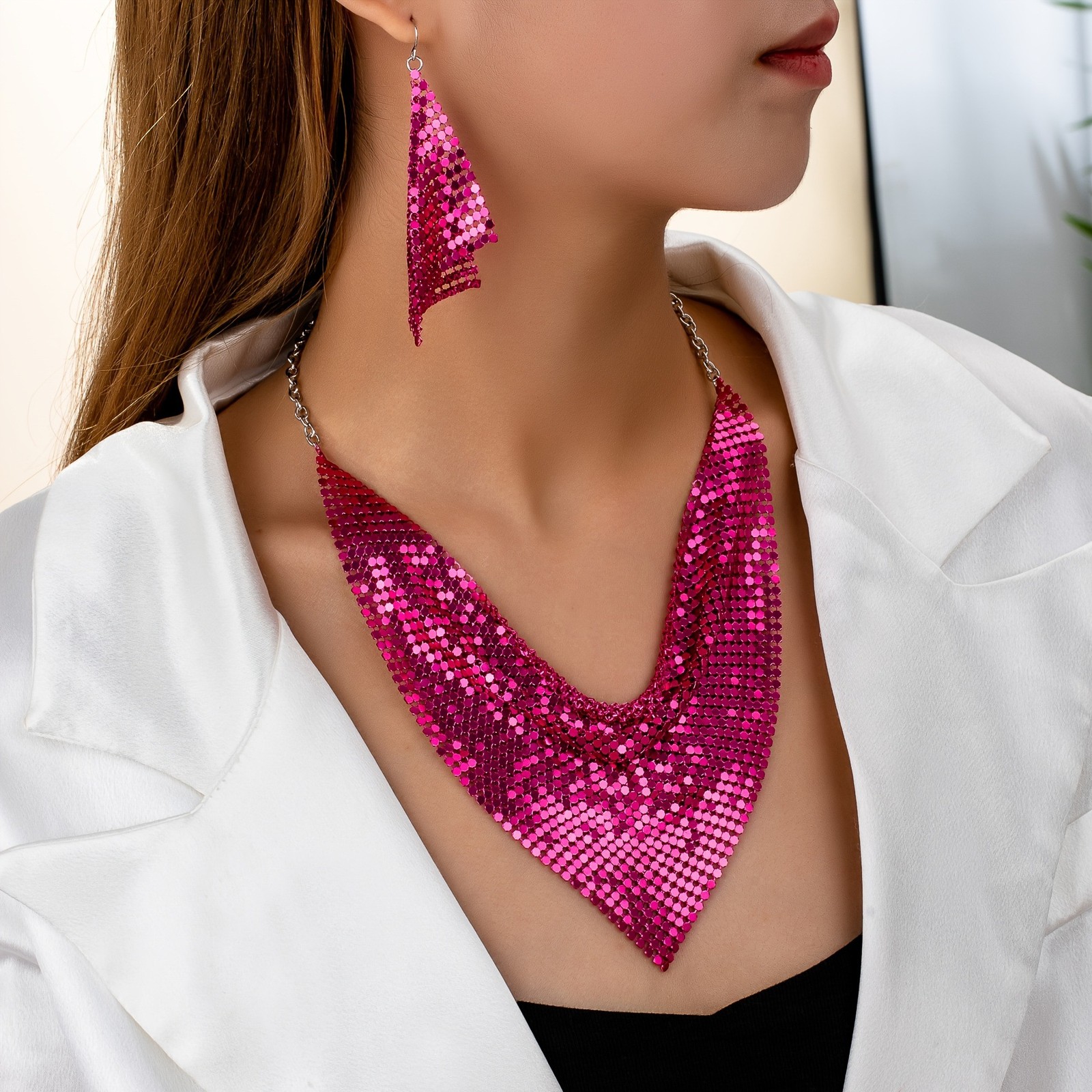 Punk Leopard Metal Mesh Choker Necklace Earrings Set Chunky Statement Jewelry