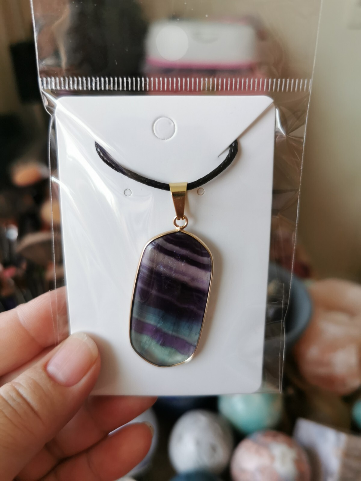 Fluorite Pendant On Adjustable 18″/ 45cm Black Cord Necklace