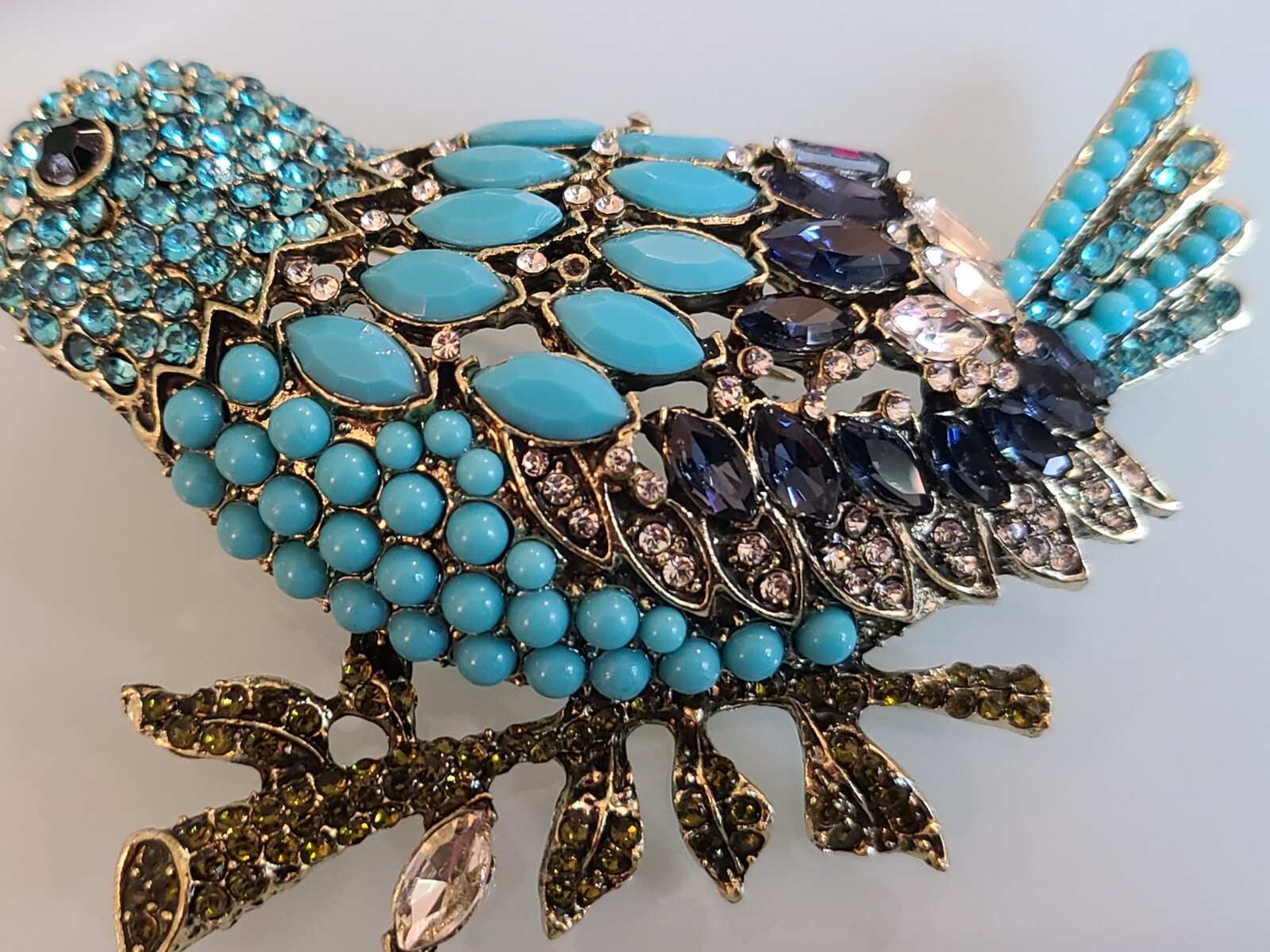 FAB HUGE 3.75″ New UNSIGNED I DESIGNER MARQUISE RHINESTONE BLUE BIRD PIN