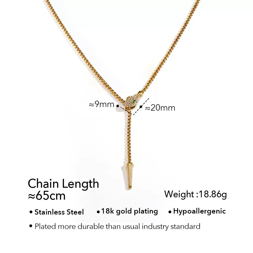 Snake Lariat Necklace Green Crystal Adjustable Waterproof Gold Tone